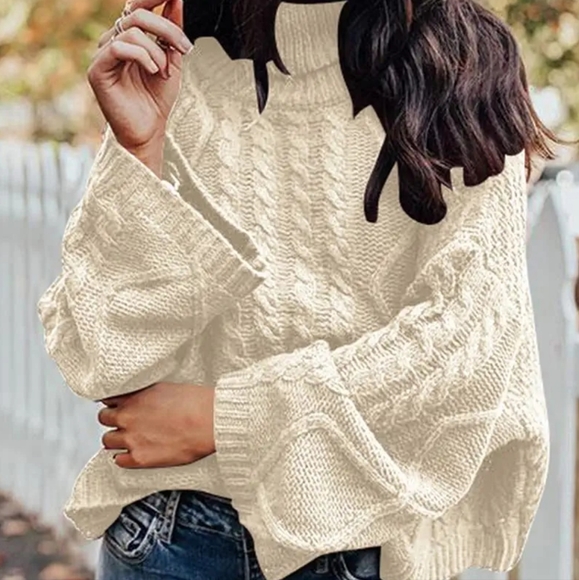 Turtleneck Cable Knit Long Sleeve Oversized Pullover Sweater Beige Size Large - Picture 3 of 14